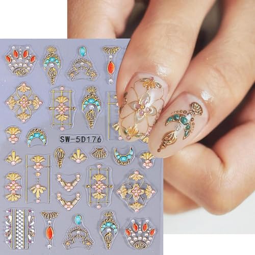 5D Embossed Sun Moon Nail Art Stickers Bohemian Metallic Gold Decals
