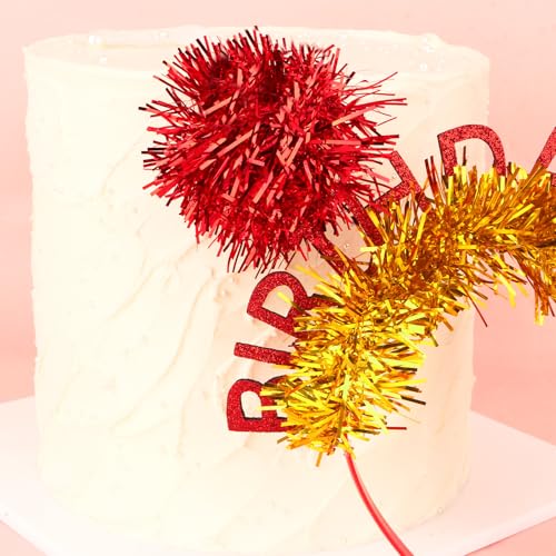 Jaciya Birthday Girl Tinsel Headband with Red Pom Poms and Gold Glitter