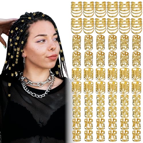 Ouligay 100Pcs Gold Hair Cuffs and Charms Rings for Braids and Dreadlocks