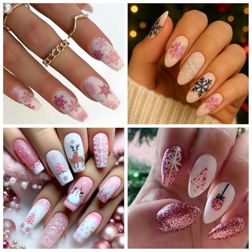 Pink Christmas Nail Stickers 6 Sheets 3D Winter Reindeer Snowflake Decals