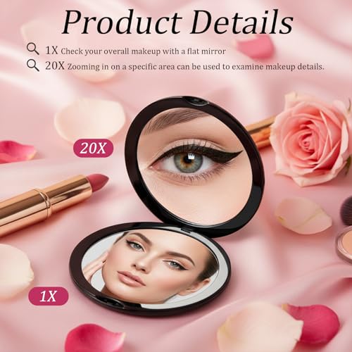 Twisina Pocket Compact Mirror 1X/20X Magnifying Round Makeup Mirror Black
