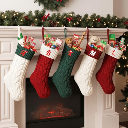 Large 18'' Christmas Stocking with Initial G - White/Red Knit Monogram Stocking