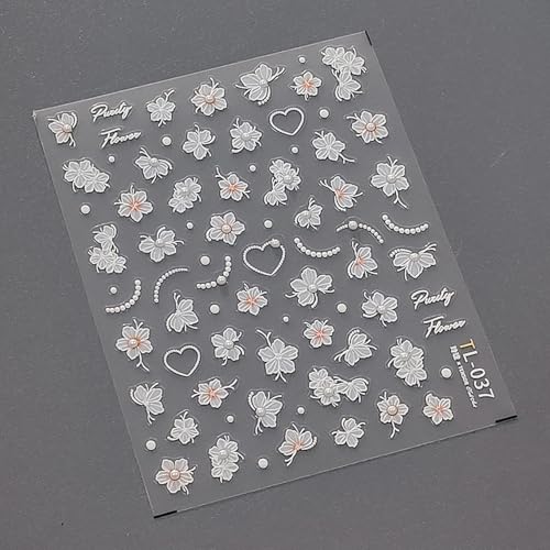 LYLYNB 5D White Flower Nail Stickers Embossed Floral Decals