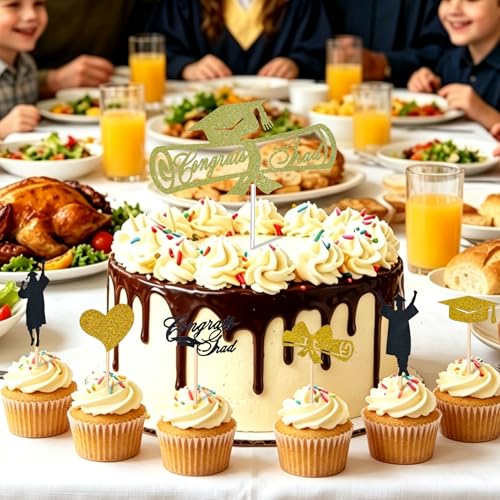 Gold Graduation Cake Toppers Set - 7PCS Congrats Grad Picks 2026