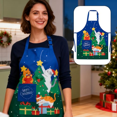 Christmas Funny Apron, Adjustable Kitchen Bib Apron with Cat Design