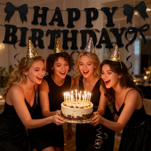 Black Happy Birthday Banner with Hanging Bow Swirls Decor