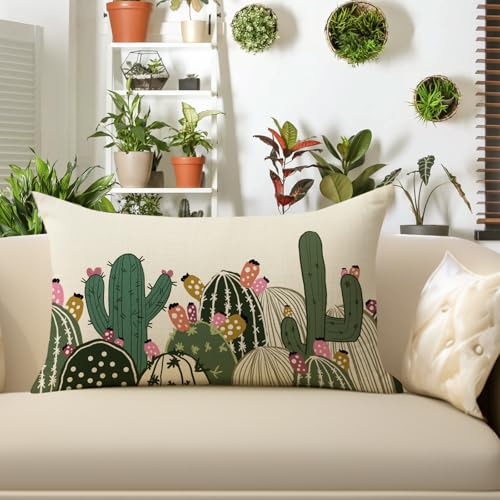 Boho Cactus Lumbar Throw Pillow Cover 12x20 | Cotton Linen