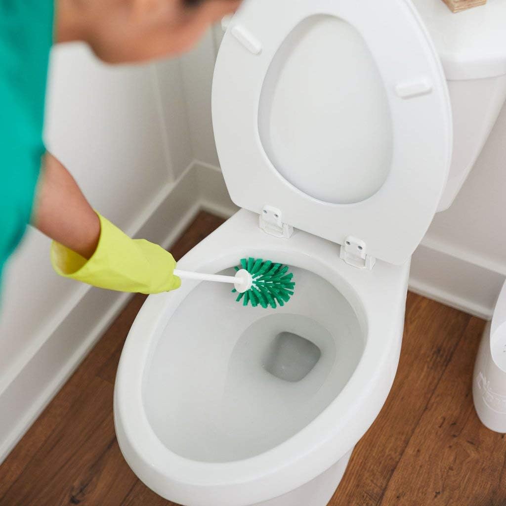 Tribello Toilet Brush and Holder Set - Fast Drying Caddy with 32 fl. oz. Stain Remover Soap