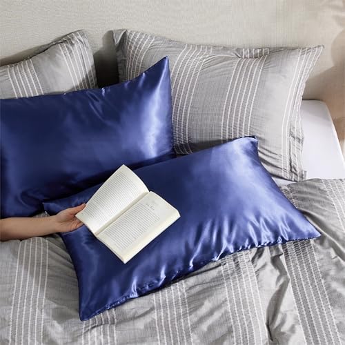 Bedsure Queen Satin Pillowcase Set of 2 with Zipper - Navy (20" x 30")