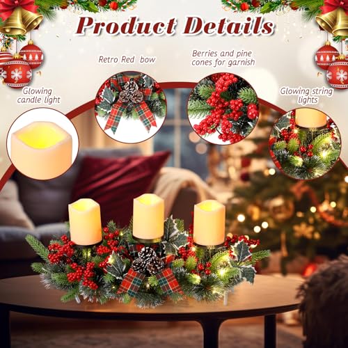 Baquler 3 LED Christmas Candle Centerpiece Battery Pine Red and Green