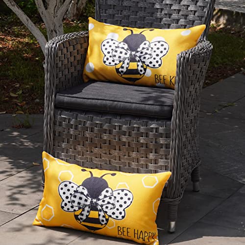 ONWAY 20x12 Inch Summer Throw Pillow Covers Set of 2 - Stripes & Polka Dots Honey Bee Yellow Decorative Lumbar Farmhouse Cushion Case for Sofa Couch Bed