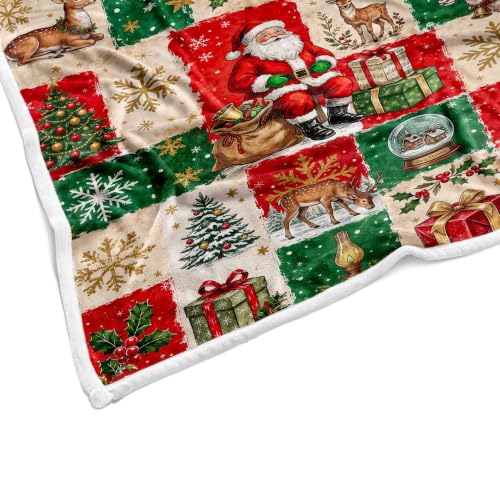 Christmas Santa Deer Throw Blanket - Holiday Patchwork Fleece 50x60, Red