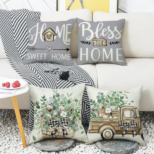 Wyooxoo Dark Grey Linen Throw Pillow Covers Set of 4 18x18 Inches Farmhouse Sofa Decor