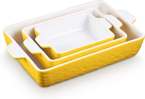 Garvee Ceramic Baking Dish Set - Set of 3 Rectangular Casserole Dishes with Handles | Yellow (11.7"/8.75"/6.5")