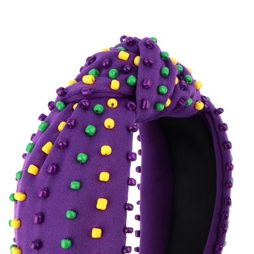 Mardi Gras Beaded Knotted Wide Headband - Purple Green Yellow Festival Hair Accessory