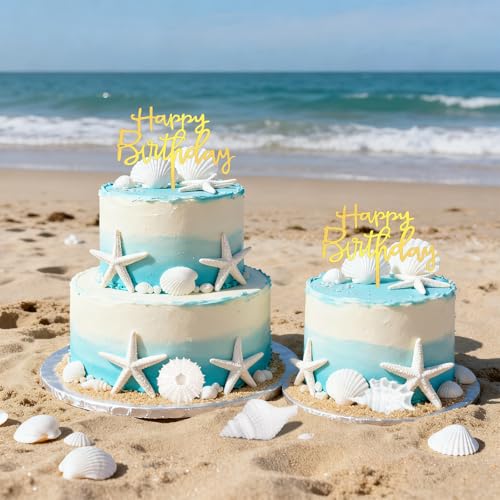 17PCS White Gold Seashell Cake Toppers for Beach Theme Party