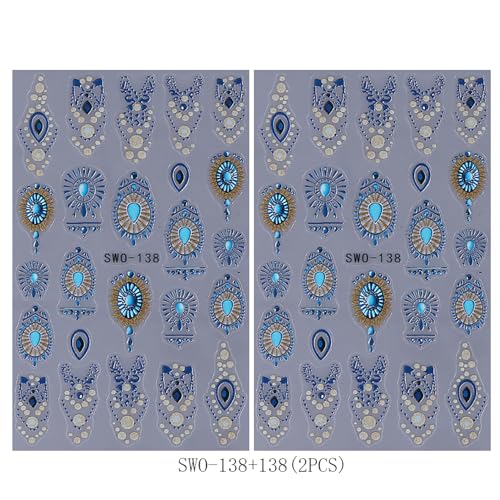 Bohemian 3D Self-Adhesive Nail Decals Retro Blue Boho Nail Art Stickers - 2Pcs