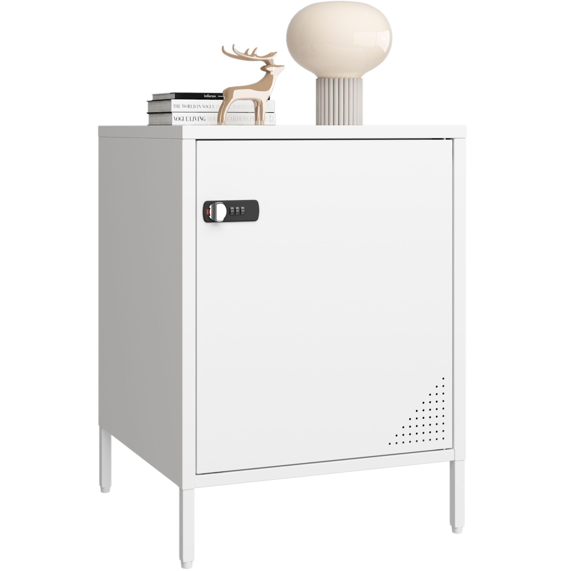 Steehoom Metal Locker End Table Single Door Nightstand Lockable Bedside Table Storage Cabinet for Bedroom, Dorm, 21.26”H X 15.75”W X 15.75”D (1 Door, White)
