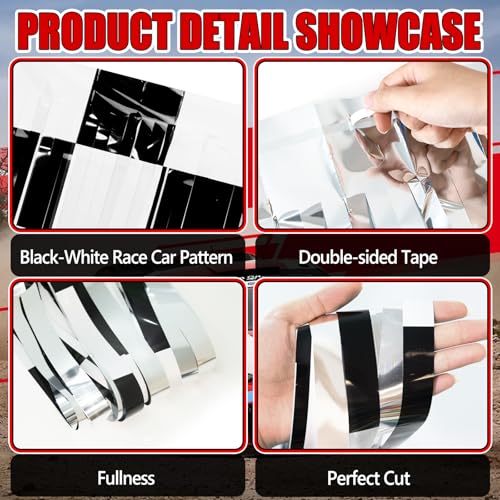 PreJoyStar Car Foil Fringe Curtains - Race Car Themed Backdrop 2 Pack, 3.3 x 6.6 Ft, Black & White Checkered Party Decorations