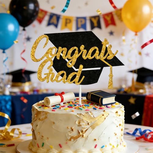 Congrats Grad Cake Topper - Class of 2026 Black Gold Decoration