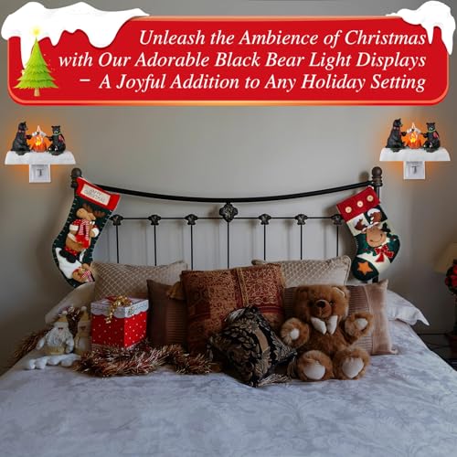 Christmas Night Light with 3D Bear Campfire Scene, Wall Plug-In Decor