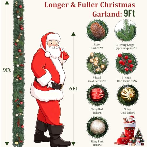 Prelit Christmas Garland with Lights - 9 FT Faux Evergreen Wreath with 50 LEDs, Berries & Pinecones, Indoor Decor, 1 Pack