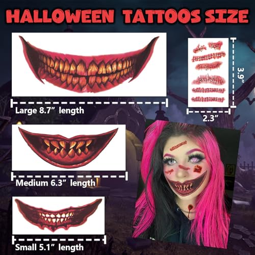 Sellentduct 25 Sheets Halloween Big Mouth & Scar Temporary Tattoos