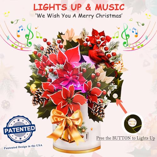 Musical Pop-Up Christmas Card with Lights - 12 Inch Poinsettia Bouquet, Flower Variation