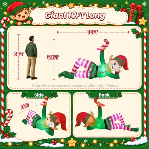 Green 10 FT Christmas Inflatable Lying Elf with Candy Cane Outdoor Yard Decor