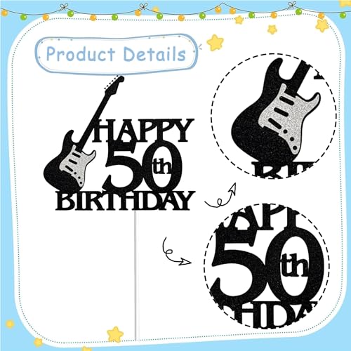 Guitar-Themed 50th Birthday Cake Topper - Black & Silver Glitter