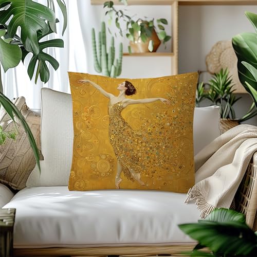Gustav Klimt Style Ballerina Throw Pillow Cover - 18x18 Whimsical Abstract B