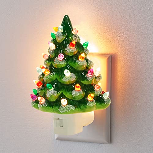 Christmas Ceramic Tree Night Light with Snow Cover - Multicolor Bulbs, Swivel Plug, On/Off Switch