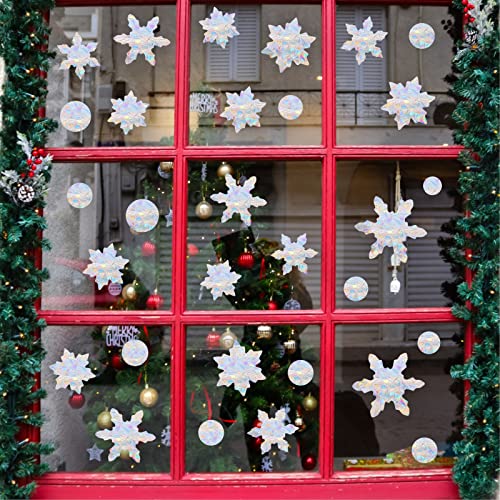 Christmas Snowflake Window Clings with Snowman Variation - Rainbow Rainbow Prismatic Vinyl Decals for Birds Strike Prevention