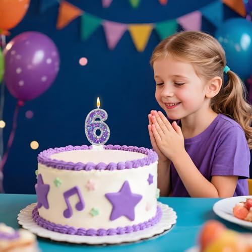 Lurevian Silver-Purple Fantasy Number 6 Birthday Candle with Glitter Star Fill, Cake Topper