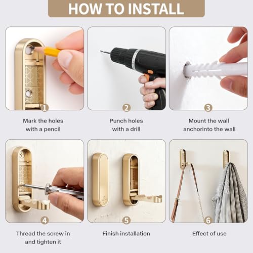 Ruiziiz Foldable Wall Hooks - Heavy Duty Zinc Alloy Gold Coat Hooks (2 Pack)