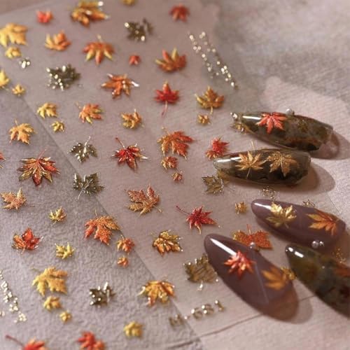 5D Embossed Fall Maple Leaf Nail Stickers Autumn Decals