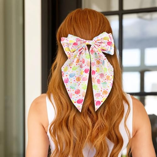 ANBALA 2Pcs Easter Hair Bow Clips, 10 Inch Big Satin Ribbon Barrettes with Tail for Women and Girls