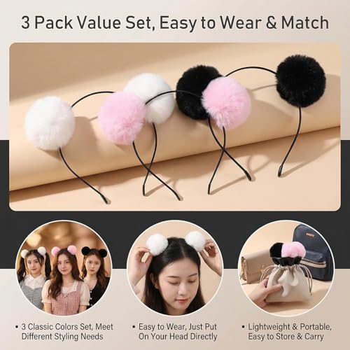 Ericotry 3 Pcs Cute Panda Ears Plush Headbands Soft Hair Hoops Assorted Colors