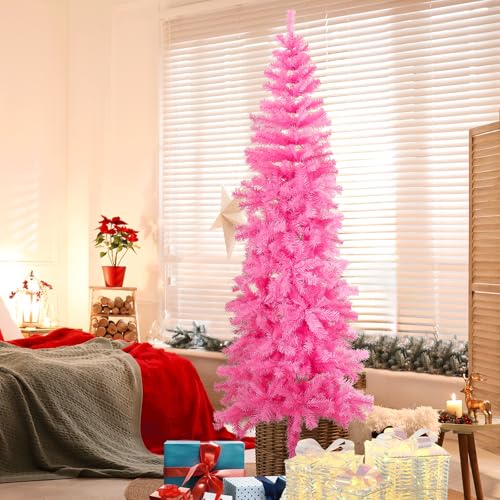 Pink 7ft Hinged Artificial Christmas Tree with Metal Stand - Slim & Easy Assembly