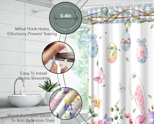 AEMBEE Easter Shower Curtain - Cute Bunny & Floral Blue Plaid, 70"x70"