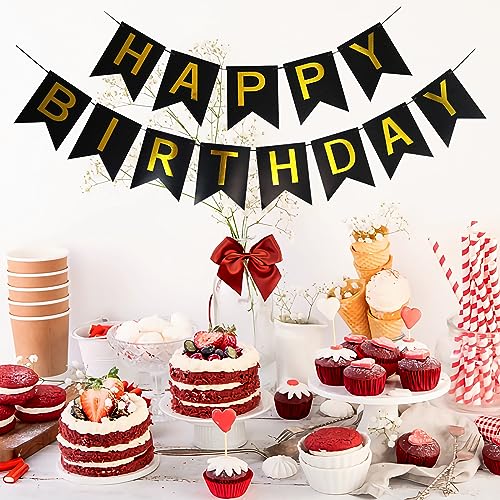 Happy Birthday Banner Set - Black & Gold Party Decor for All Ages