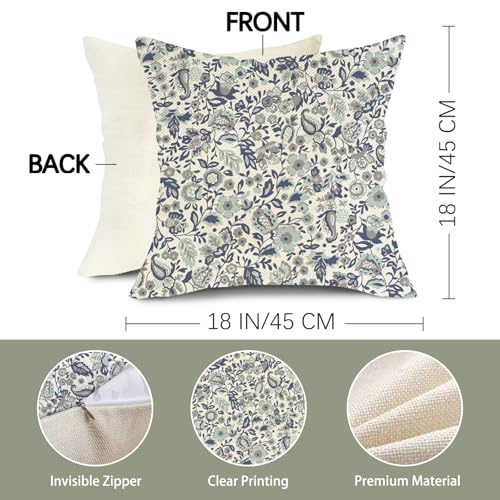 Fjfz 18x18 Inch Blue Floral Boho Throw Pillow Covers Pack of 2