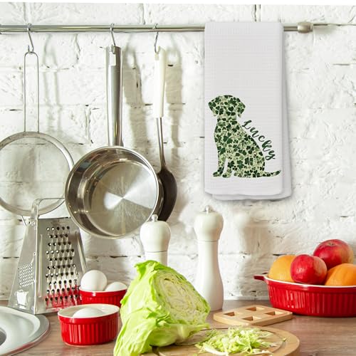 St Patrick's Day Dog Kitchen Towel Shamrock Waffle Dish Tea Towel 16x24