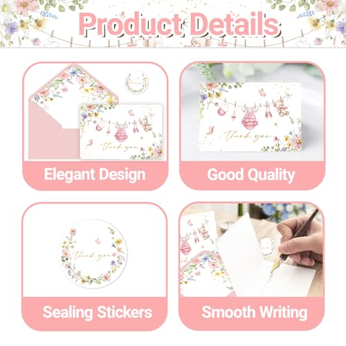 24 Pack Baby Shower Thank You Cards - Floral Clothes Design, 4x6 Inches