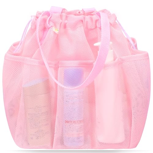 Famichan Mesh Shower Caddy with Drawstring - Portable Bath Organizer for College, Camping & Travel - Pink