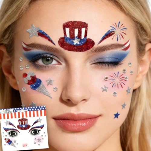 Patriotic Glitter Face Gems & USA Flag Temporary Tattoos (2 Pack)