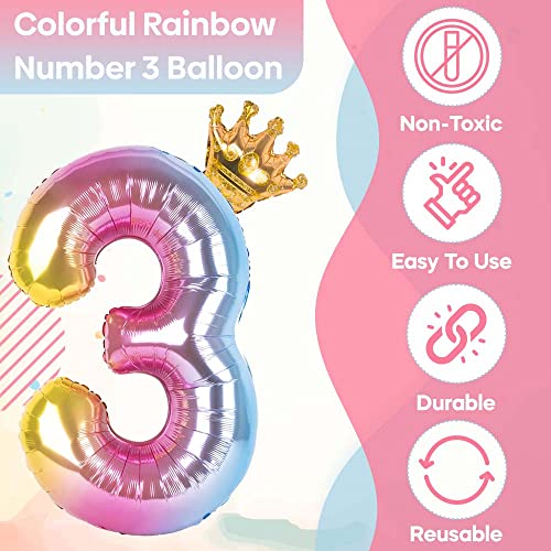 40 Inch Rainbow Gradient Number 3 Balloon with Crown - Reusable Foil
