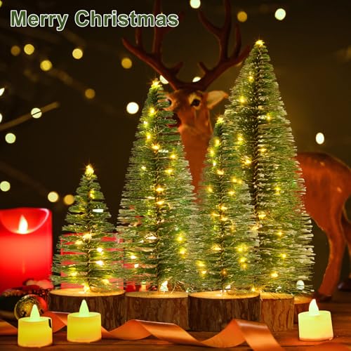 Mini Christmas Trees with Lights - 4 Sizes, Warm White, Timer, 4 Pack - Christmas Decor