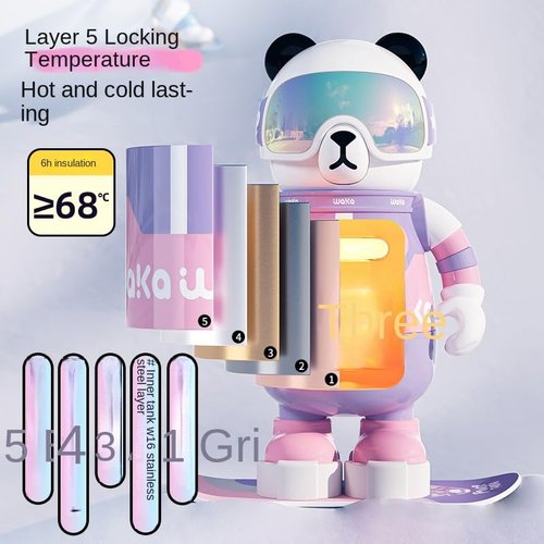 Waka Snowboarder Panda Insulated Water Bottle, SUS316 Liner, 6h Temperature Lock, Portable with Strap (Blue)