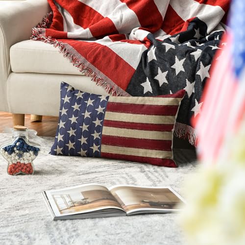 Patriotic 4th of July Throw Pillow Cover - 12x20 Inch Red & Blue